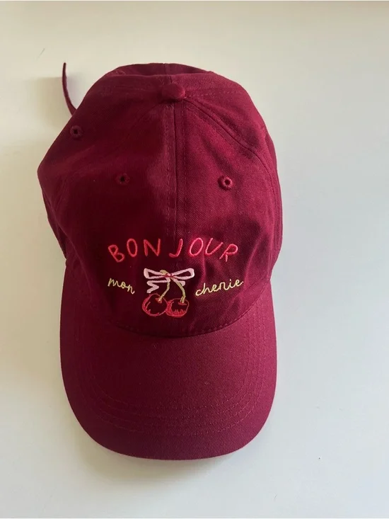 Anthropologie Fall Icon Baseball Cap Bonjour Red Mon Cherie Cherry Size ALL NWT - Picture 4 of 7
